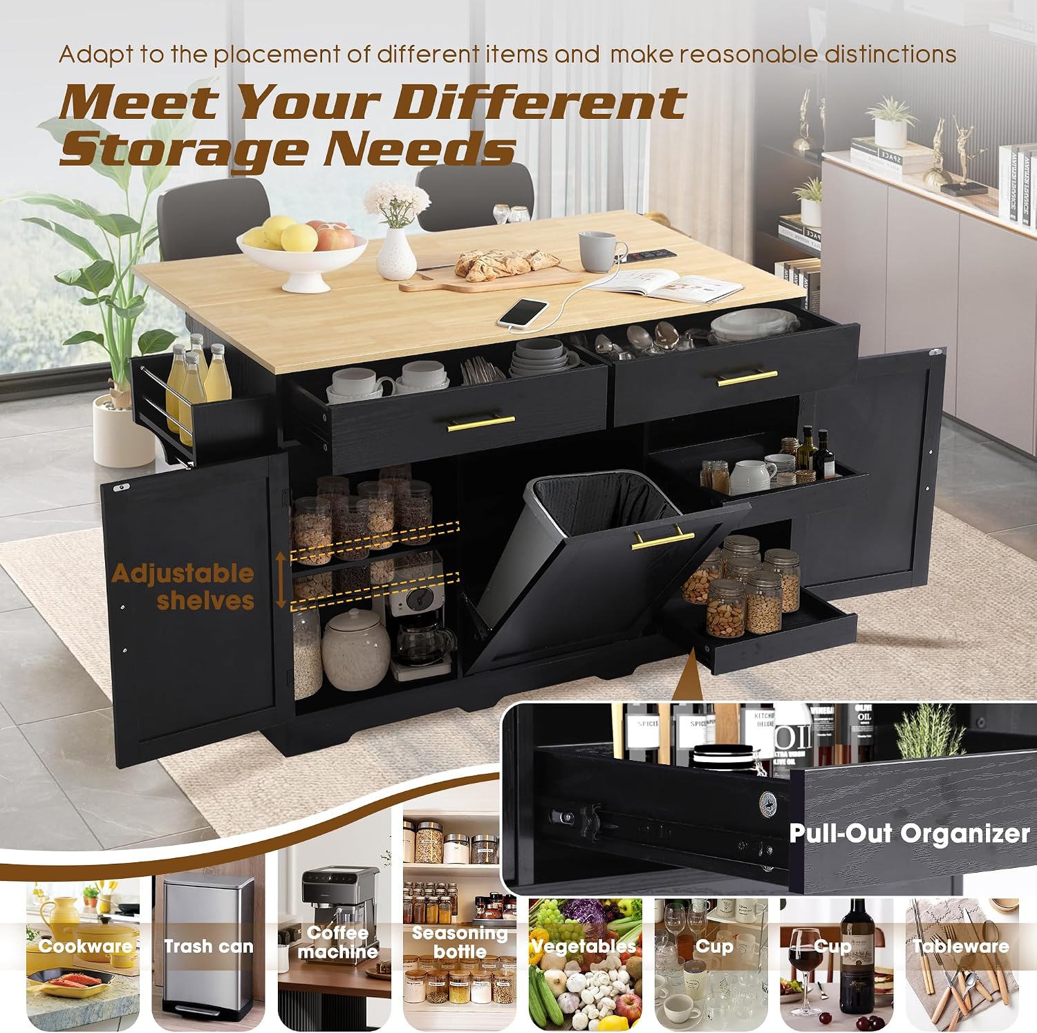 60' Kitchen Island with Power Outlet & Drop Leaf, Rolling Kitchen Island Table Cart w/Trash Can Storage Cabinet, Mobile Kitchen Cabinet on Wheels w/Drawers, Spice Rack, Towel Bar, Hooks (Black)