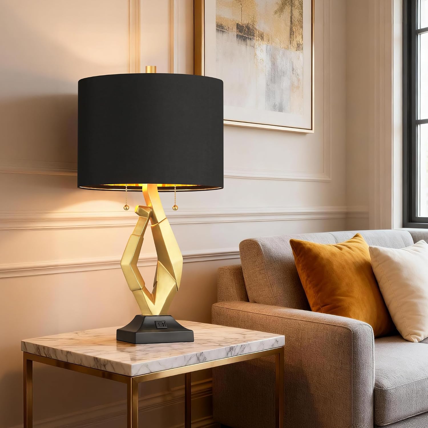 ROTTOGOON Sculptural Table Lamps for Living Room Set of 2 with USB Ports, 24.5' Modern Black and Gold Lamp with S Cluster Pull Chains Switch, End Table Lamps for Bedroom, Nightstand, Office