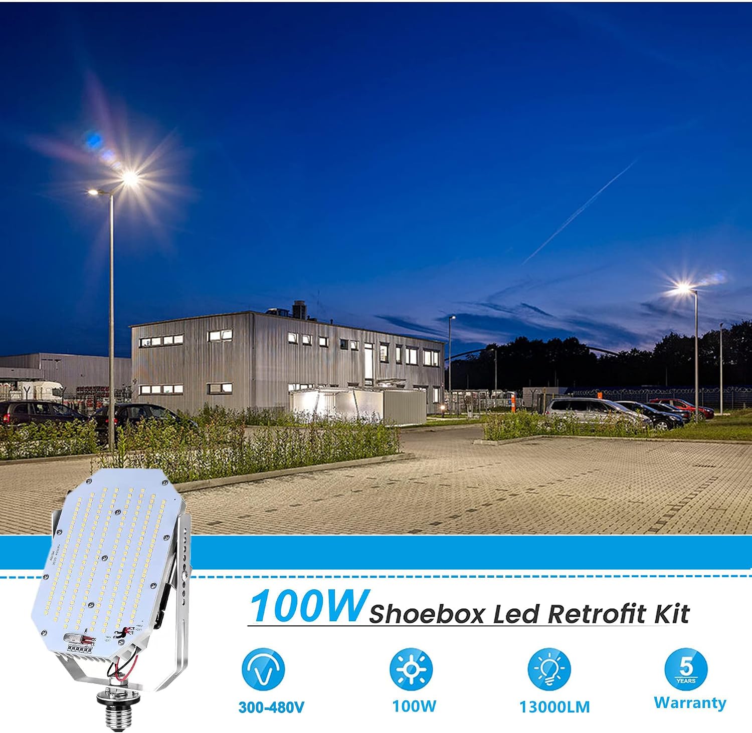6Pack Shoebox LED Retrofit Kit, 100W Parking Lot LED Retrofit Lights 5000K Cool White E39 Base for Outdoor Tennis Court Canopy Flood Street Area Lighting Fixture, AC300-480V Input