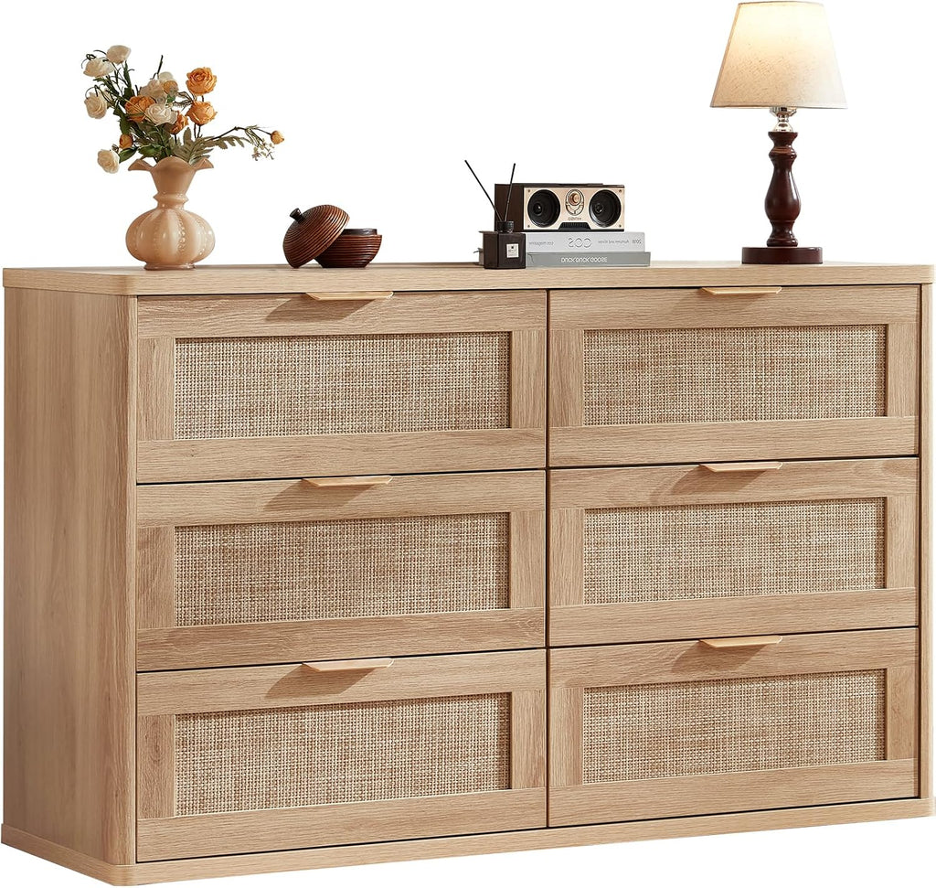 LEYAOYAO Rattan 6 Drawer Dresser for Bedroom, Boho 48' Wide Natural Wood Dresser Chest of Drawers, Dressers TV Stand with Metal Handle, Storage Dressers Closet Organizer for Living Room, Hallway