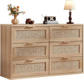 LEYAOYAO Rattan 6 Drawer Dresser for Bedroom, Boho 48' Wide Natural Wood Dresser Chest of Drawers, Dressers TV Stand with Metal Handle, Storage Dressers Closet Organizer for Living Room, Hallway