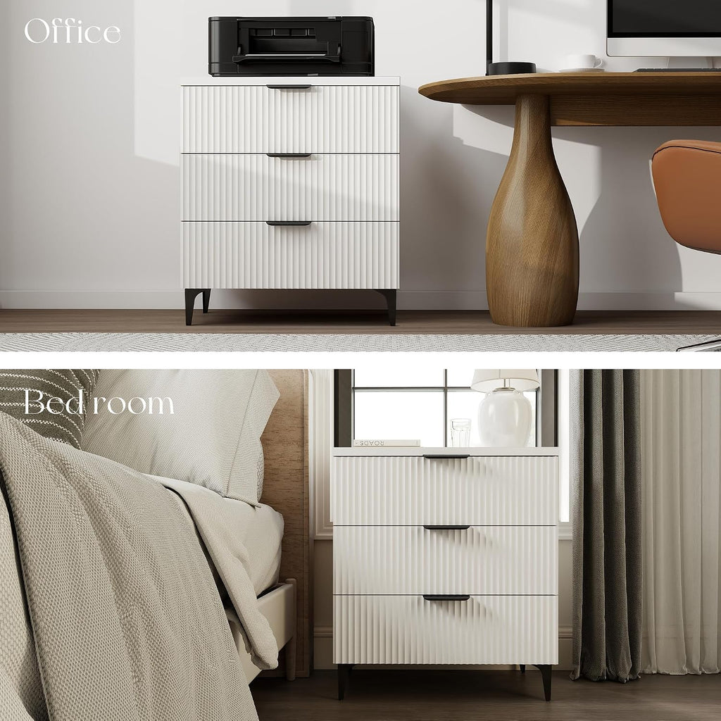25.6' W Fluted Nightstand with 3 Drawer, Modern Wood Night Stands Bedside Table for Bedroom King/Queen Bed, End Table with Robot-Friendly Legs for Living Room,Entry (3 Drawers-1pcs-White)