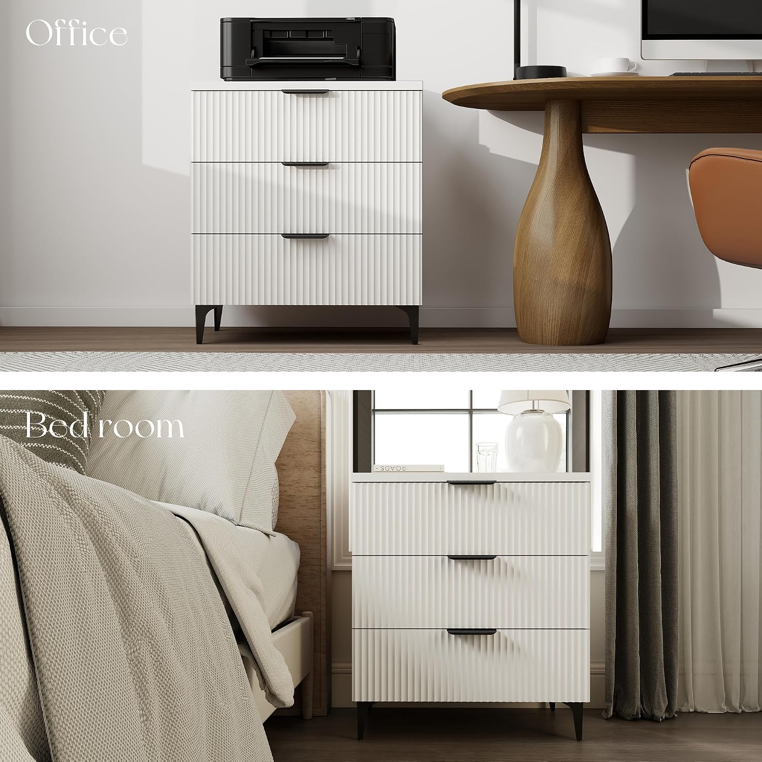 25.6' W Fluted Nightstand with 3 Drawer, Modern Wood Night Stands Bedside Table for Bedroom King/Queen Bed, End Table with Robot-Friendly Legs for Living Room,Entry (3 Drawers-1pcs-White)