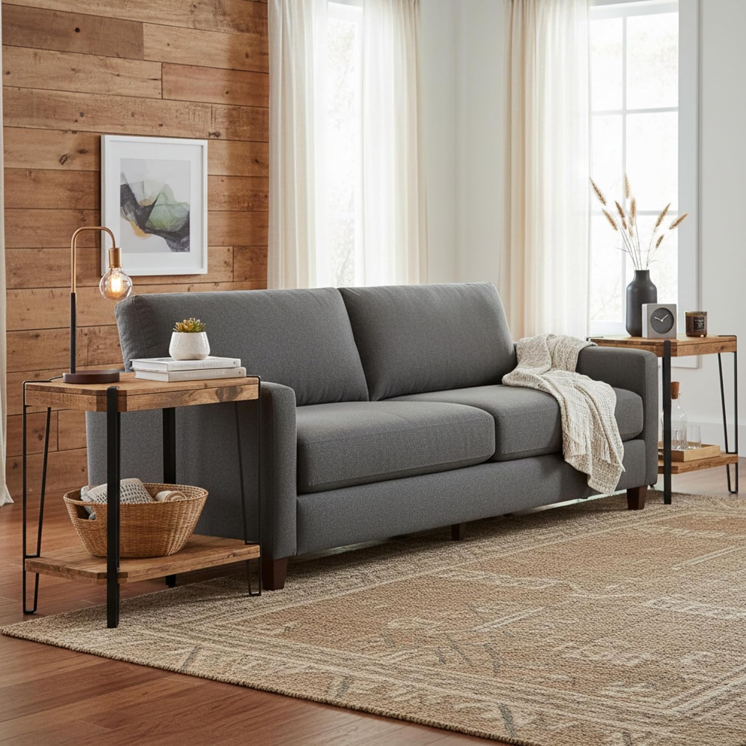 Ryegate Live Edge Modern End Tables Set of 2-2-Tier Acacia Wood Nightstands with Storage Shelf and Metal Legs - 17in Narrow Side Table Set for Living Room or Bedroom by Alaterre Furniture (Natural)
