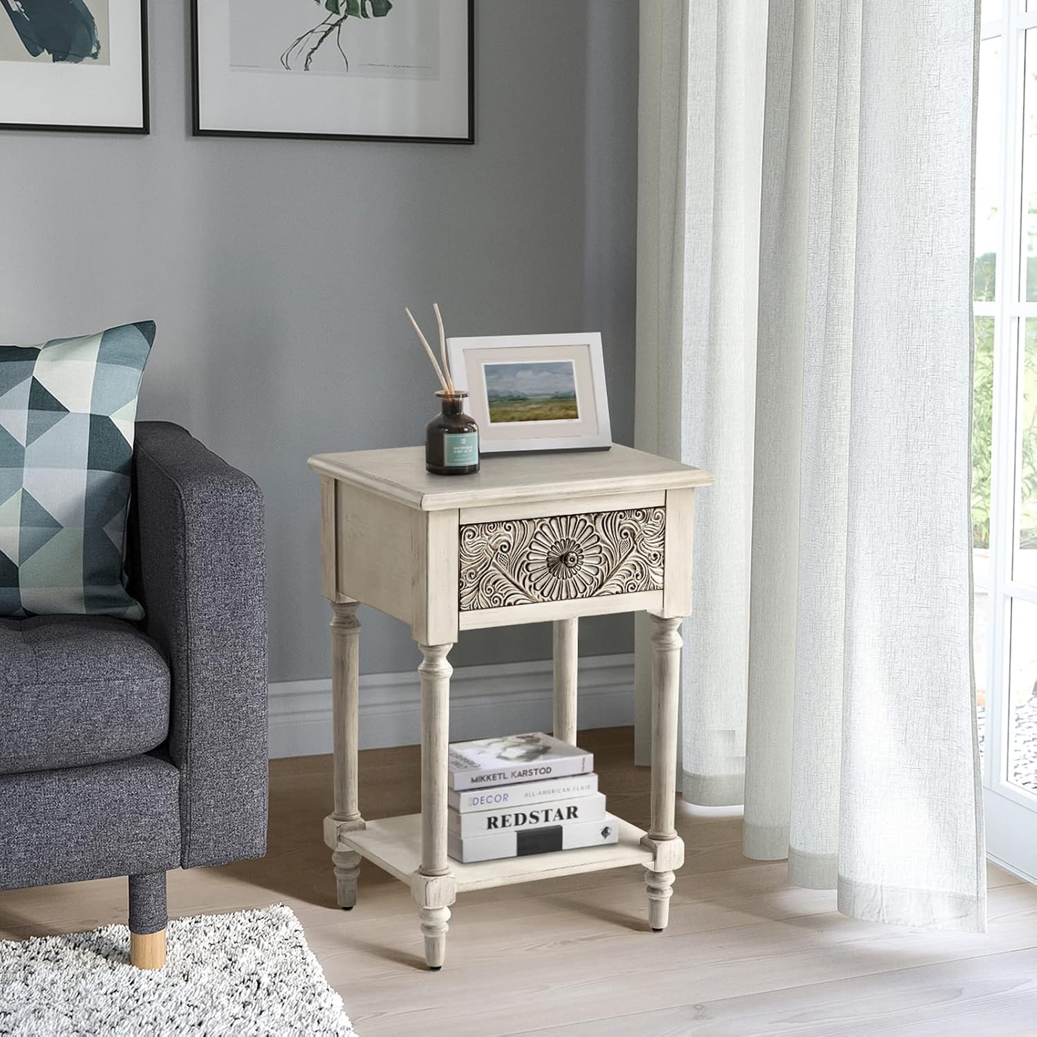 COSIEST 2 Pieces Vintage Nightstand, MDF 2-Tier Bedside Table, Wood Accent End Table with Storage Drawer and Open Display Shelf for Bedroom Living Room
