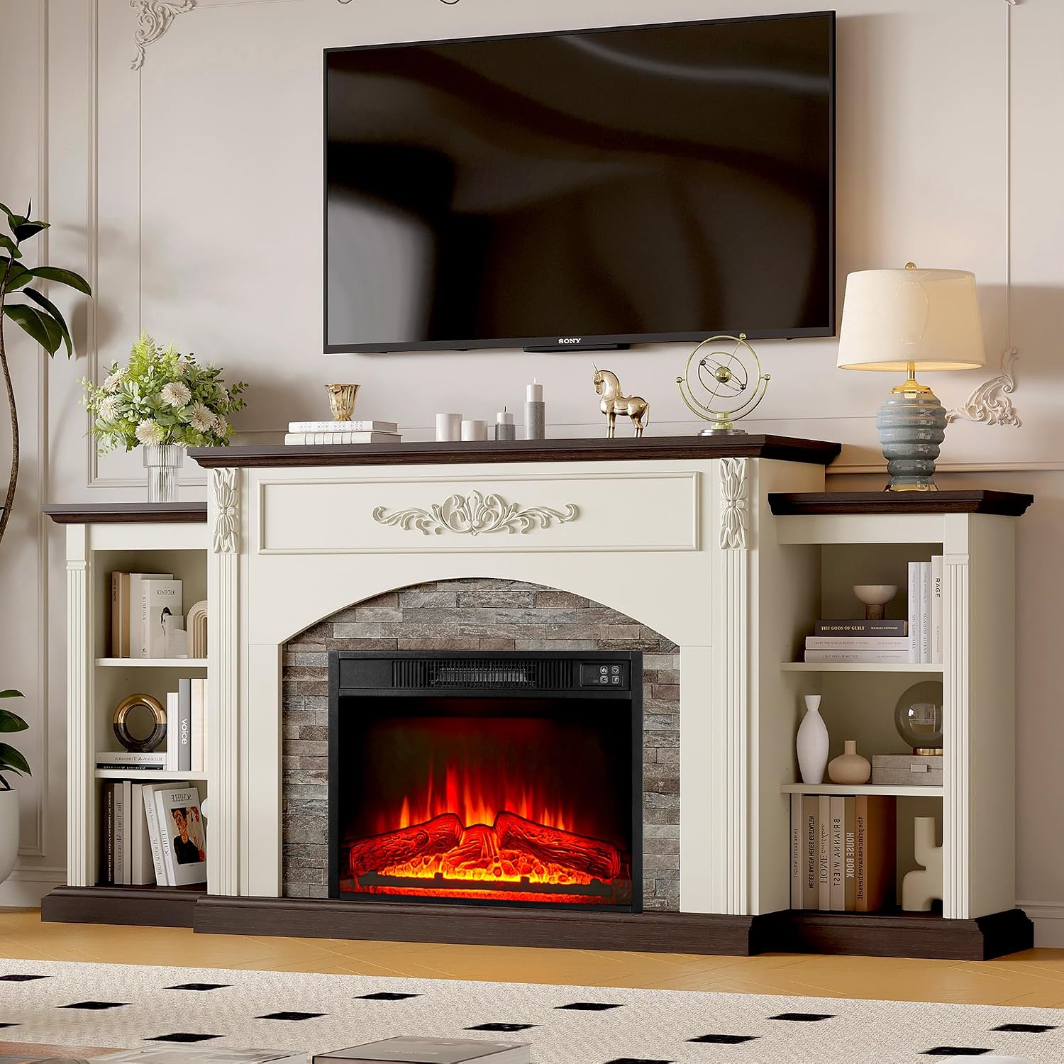 72' Electric Fireplace with Mantel, White TV Stand for TVs Up to 80 Inch, Farmhouse Entertainment Center with Storage for Bedroom,23'' Fireplace Insert Heater for Living Room