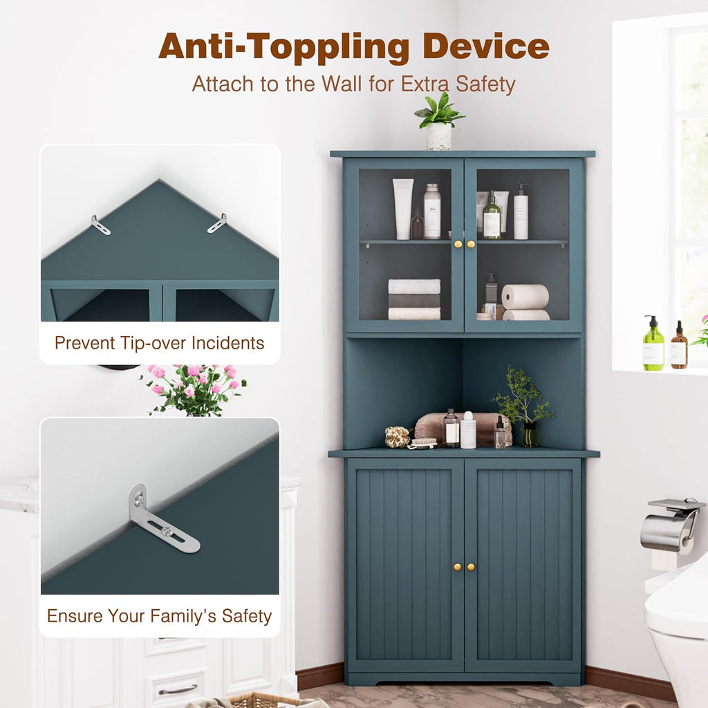 BlueWish 71' Corner Cabinet, Storage Cabinet with Glass Doors and Shelves, Corner Kitchen Cabinets, Hutch Cabinets for Display Living Room Office Bathroom, Dark Teal