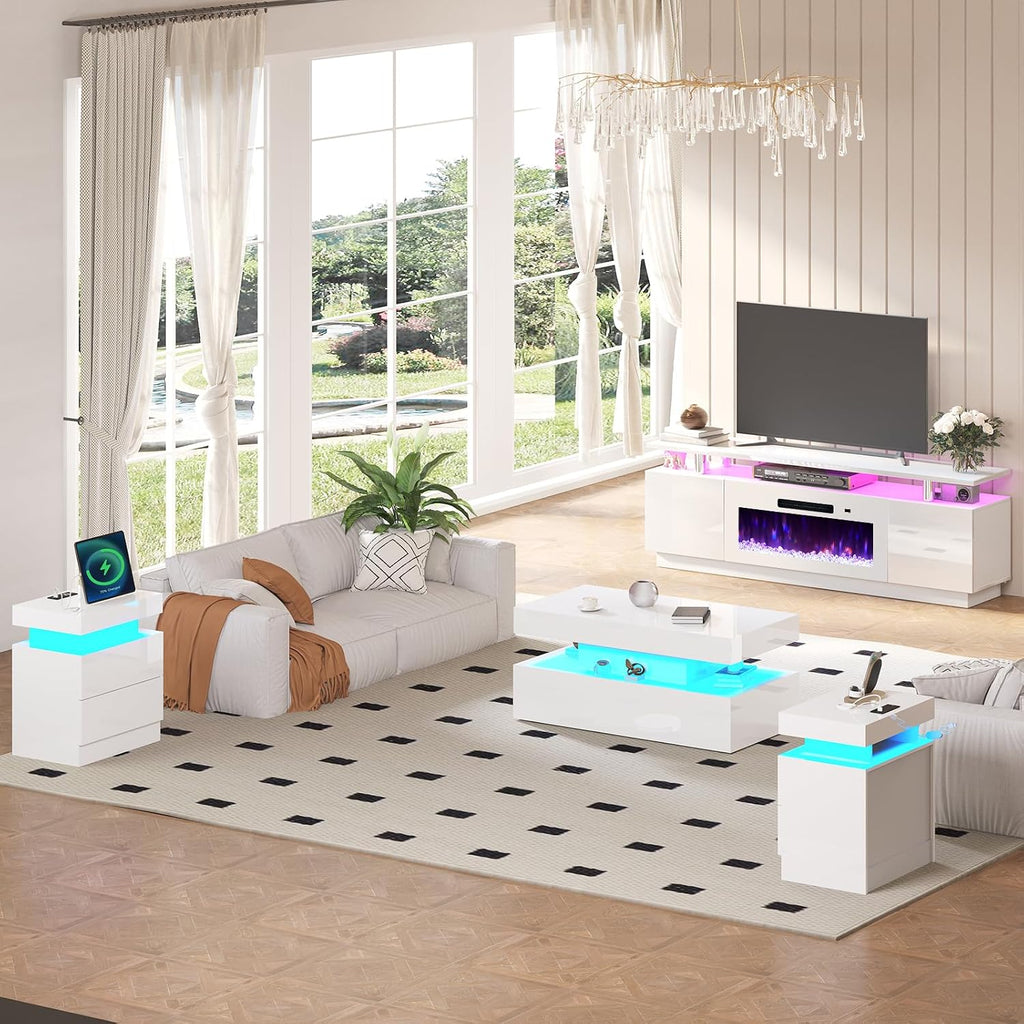 AMERLIFE 5 Piece Modern Living Room Table Set, Includes 70' Fireplace TV Stand, 2-Tier Coffee Table, 2 X Side Tables with Charging Station, LED Media Furniture, White