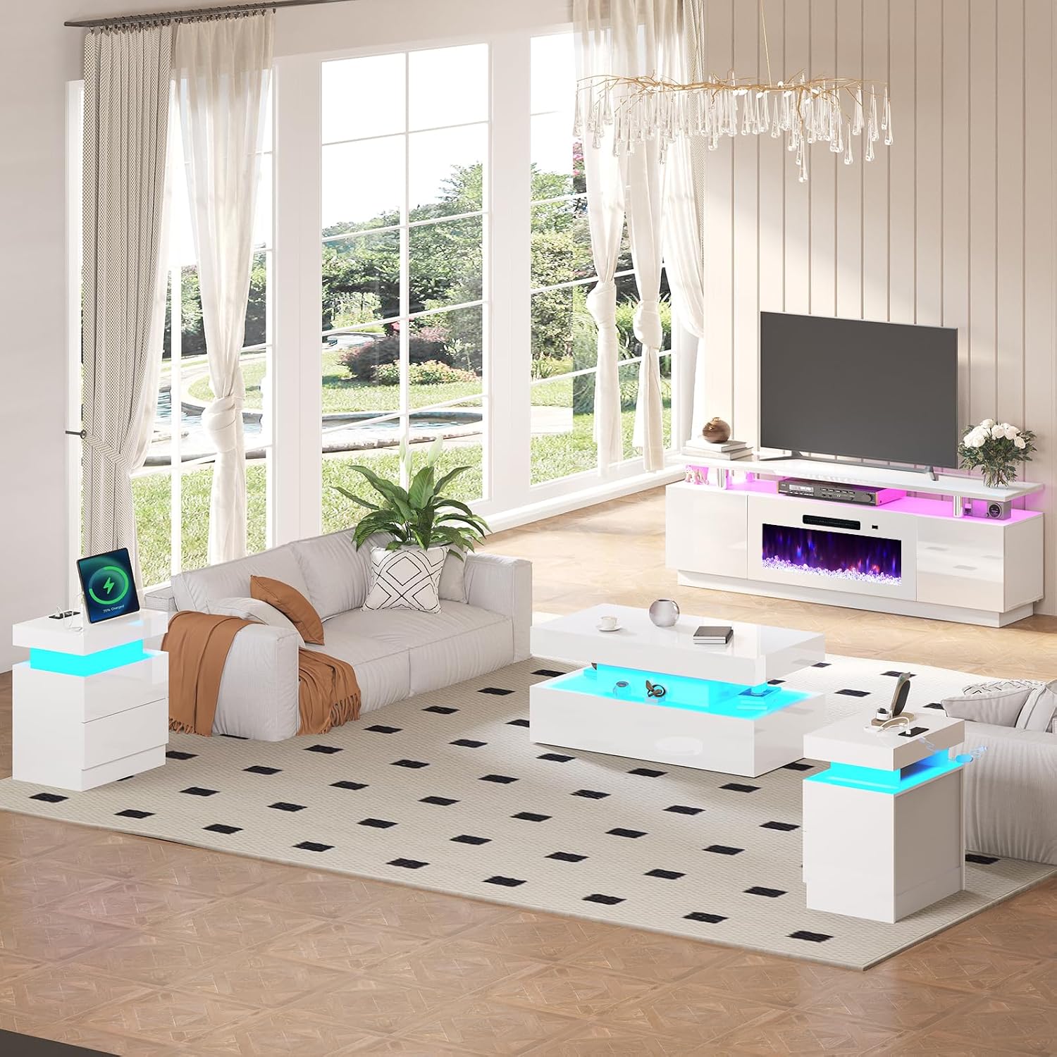 AMERLIFE 5 Piece Modern Living Room Table Set, Includes 70' Fireplace TV Stand, 2-Tier Coffee Table, 2 X Side Tables with Charging Station, LED Media Furniture, White
