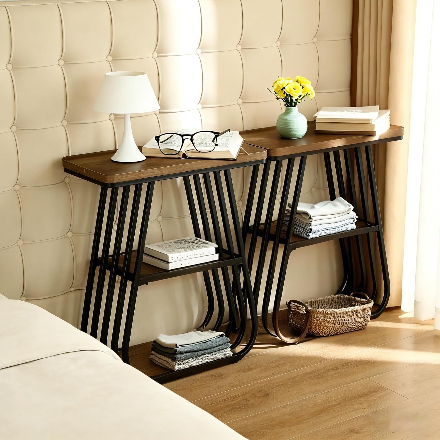 LITTLE TREE End Table for Living Room, 3-Tier Side Table for Small Spaces, Industrial Narrow Side Table with Storage Shelf in Oak Brown and Black (Set of 2)