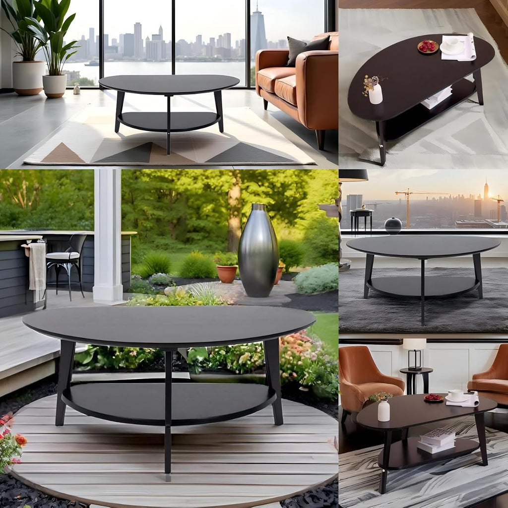 NAVREX Mid Century Modern Coffee Table, Oval Coffee Tables with Storage for Living Room, 2 Tier Solid Wood Center Table, Black Coffe Tables, Value Lies in Material, Easy Assembly, 40.2'*22'