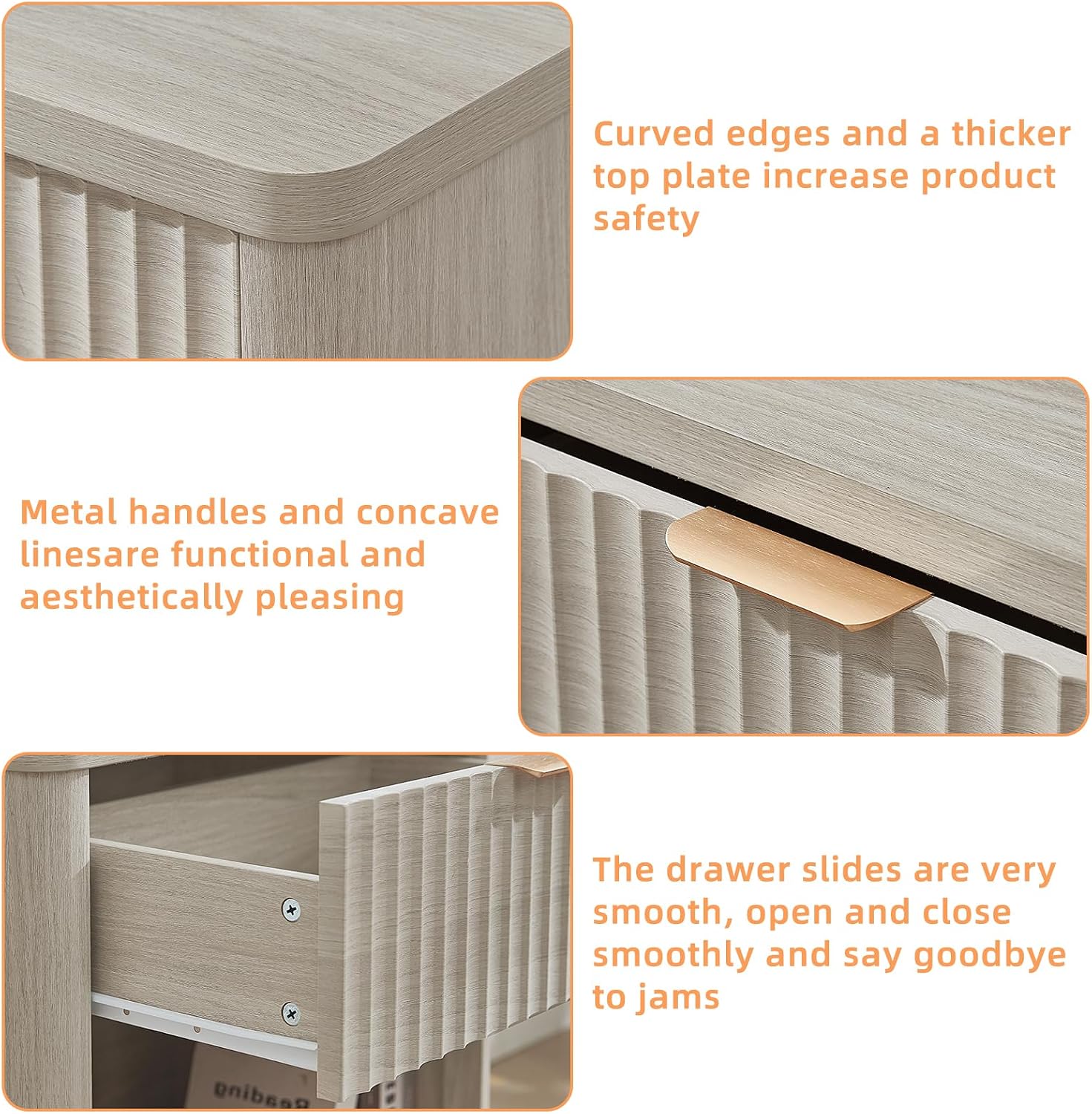 LEYAOYAO Fluted Farmhouse Nightstand Set of 2 with Charging Station, 23' Wide 1 Drawers Night Stand,LightGrey Dresser for Bedroom,Bed Side Table Chest of Drawers,Wood End Table for Living Room
