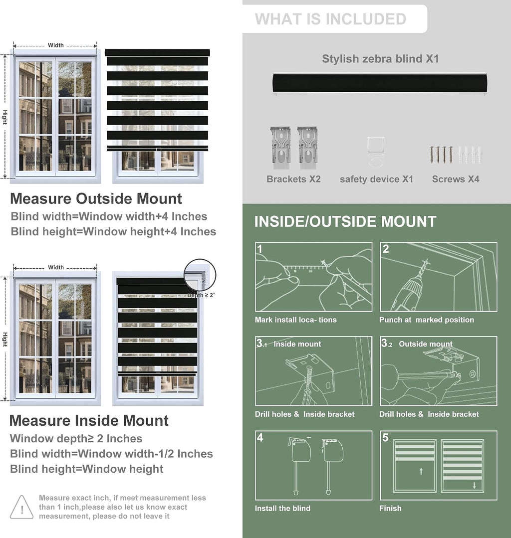 Blackout Cordless Zebra Blinds for Windows, Blinds for lndoor, Light Control, Easy to Instal, UV Protection, for Home, Offices and Door, Roller Shades, Custom Sizes,Black, 52' W x 56' H