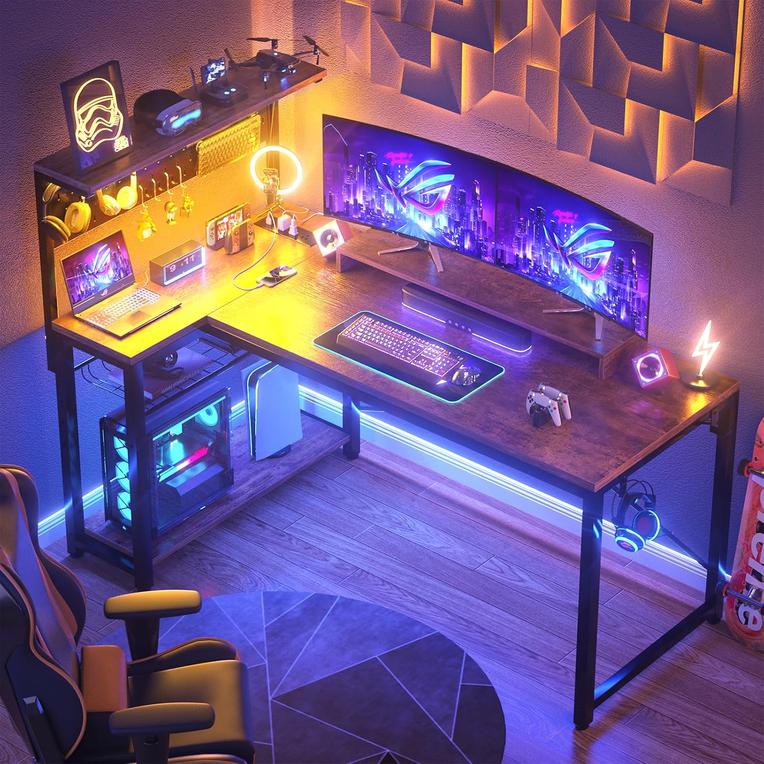 Homieasy Small Gaming Desk with Power Outlets Pegboard LED Light, 51 Inch L Shaped Computer Desk with Monitor Stand Storage Shelves, Reversible Corner Desk with Headset Hooks, Rustic Brown