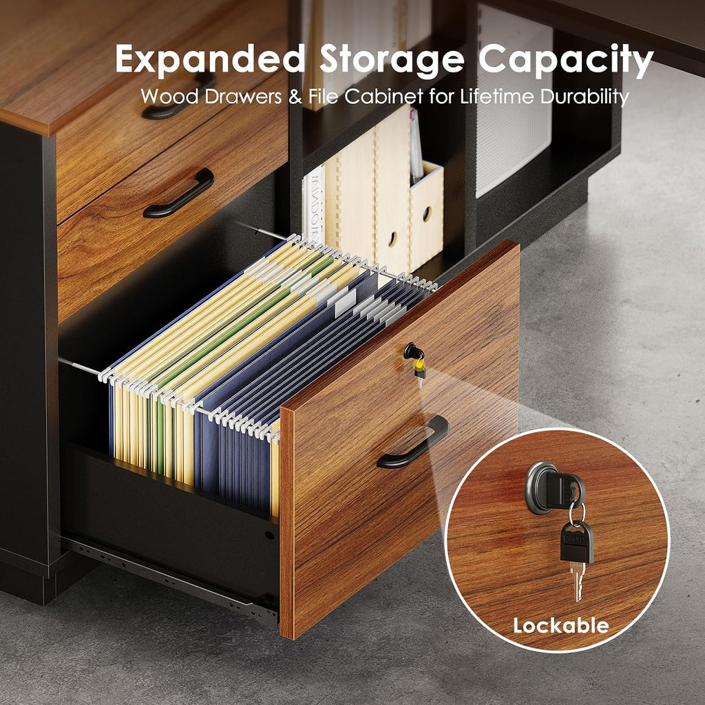 AODK 71 Inch L Shaped Executive Desk with Drawers and File Cabinet, Large Office Desk with Storage Shelves, Corner Computer Desk for Home Office, Walnut + Black