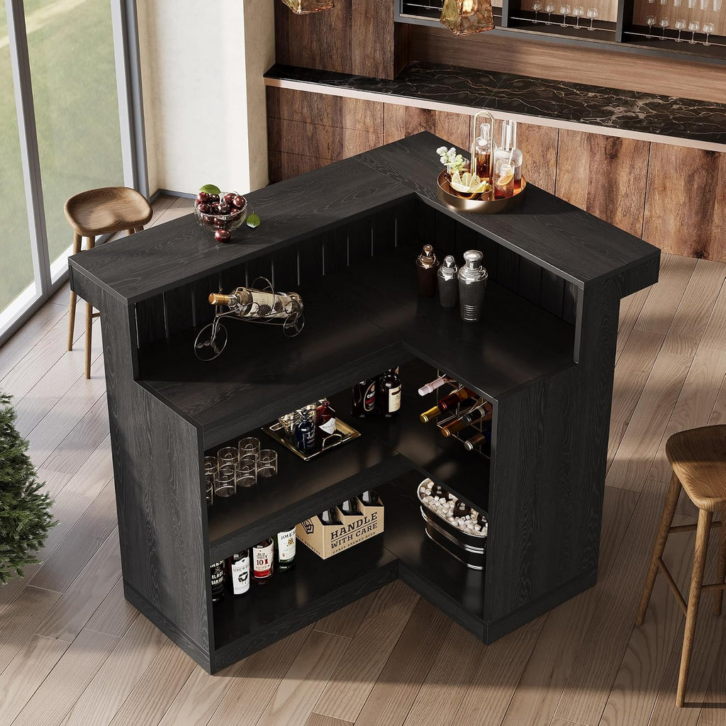 Tribesigns L-Shaped Home Bar Unit, 4-Tier Corner Liquor Bar Table with Storage Shelves and Wine Glasses Holder, Industrial Wine Cabinet Reception Desk for Home Pub (1, Black)