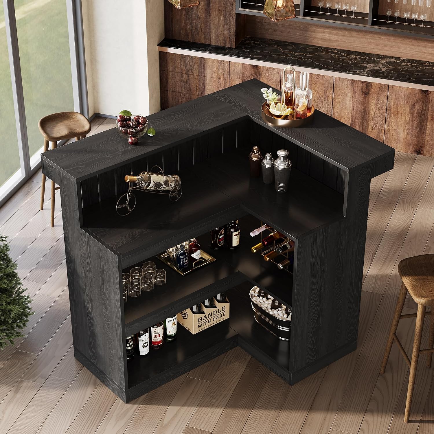 Tribesigns L-Shaped Home Bar Unit, 4-Tier Corner Liquor Bar Table with Storage Shelves and Wine Glasses Holder, Industrial Wine Cabinet Reception Desk for Home Pub (1, Black)