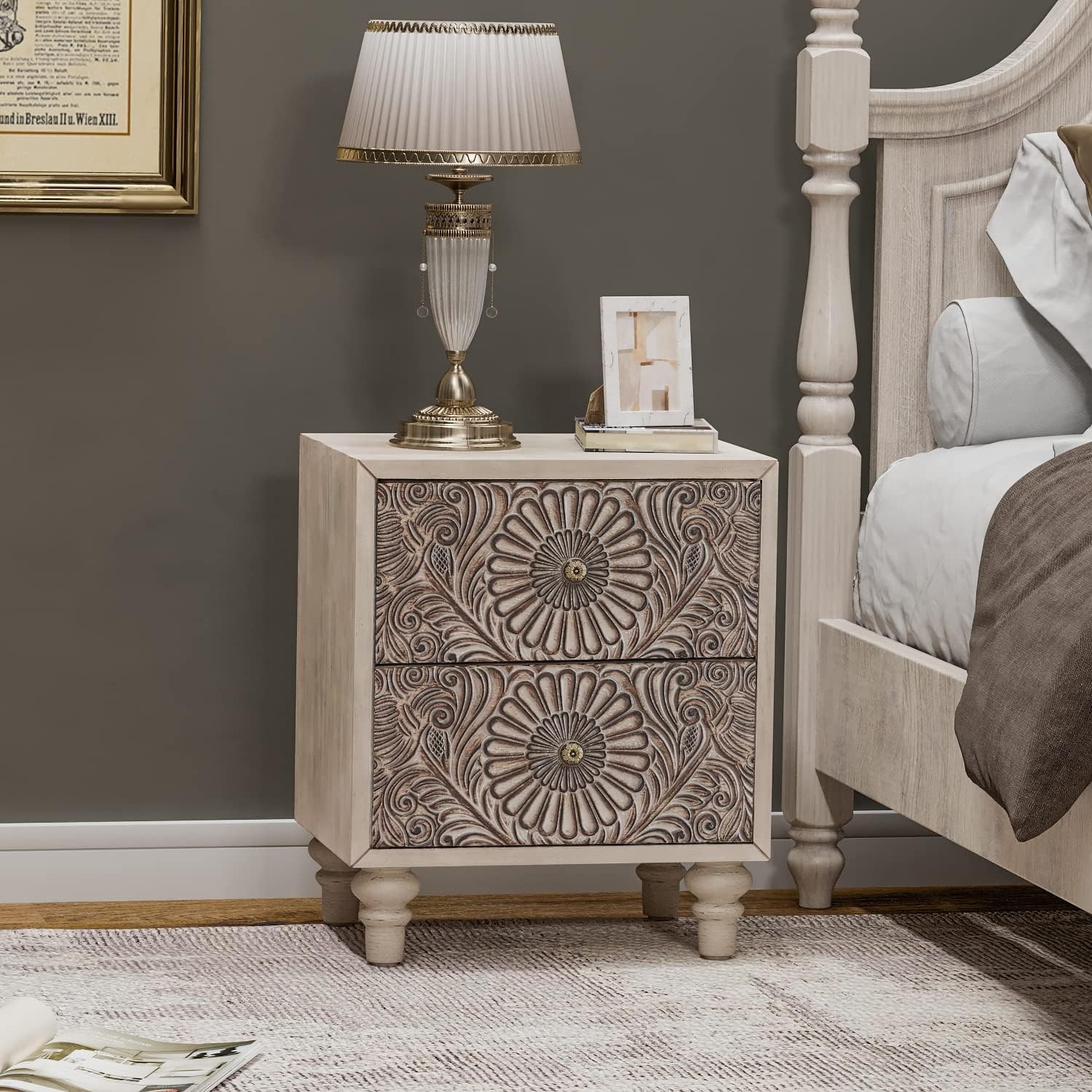 COSIEST 2 Pieces Nightstand, 14' D x 18' W x 21.5' H MDF End Table with 2 Drawers, Vintage Style Wood Bedside Table, Bedroom Accessories for Home, Office, College Dorm