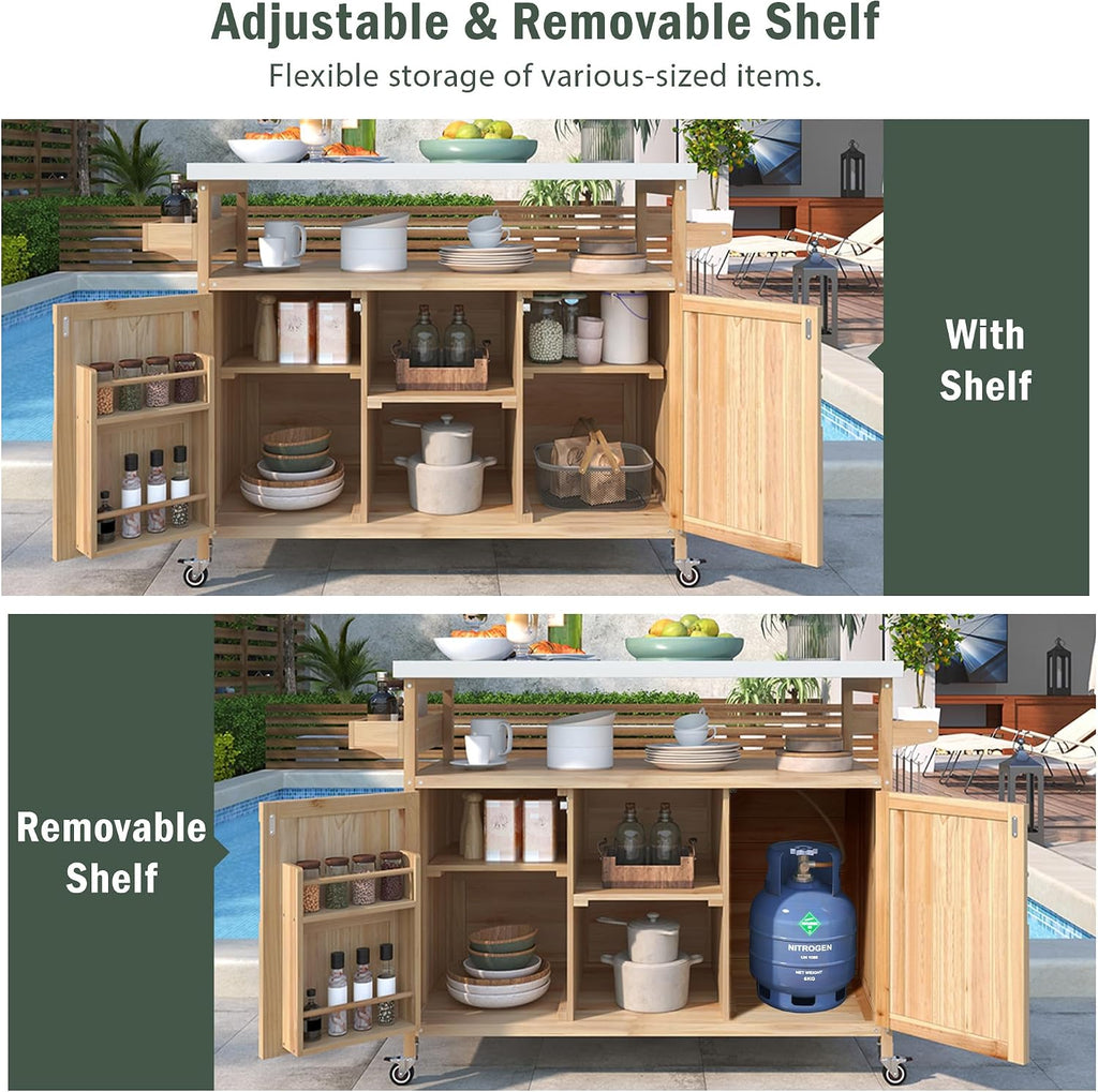 Outdoor Kitchen Rolling Bar Cart with Storage Cabinet, Farmhouse Solid Wood Outdoor Grill Table with Stainless Steel Top, Spice Rack and Towel Rack, Perfect for Barbecue Poolside Patio (Natural)
