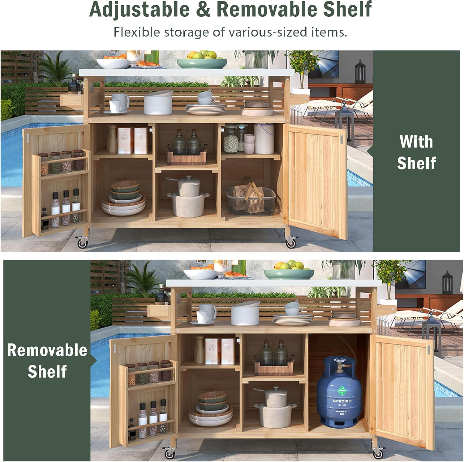 Outdoor Kitchen Rolling Bar Cart with Storage Cabinet, Farmhouse Solid Wood Outdoor Grill Table with Stainless Steel Top, Spice Rack and Towel Rack, Perfect for Barbecue Poolside Patio (Natural)