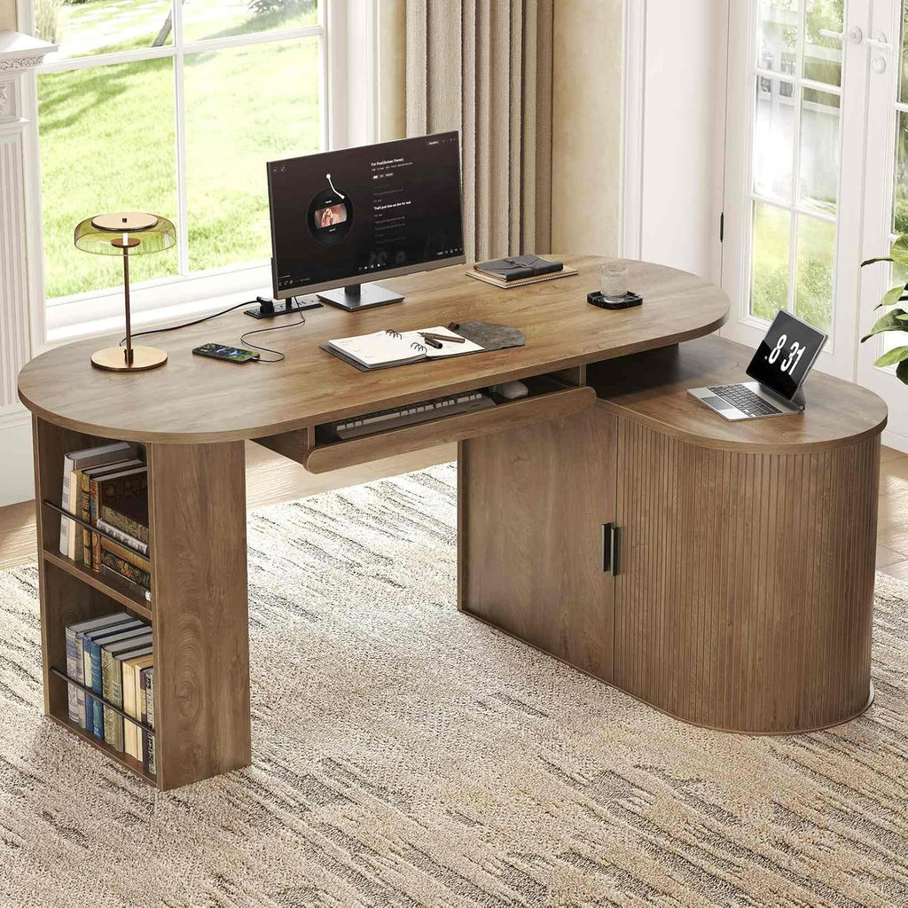 HSH L Shaped Computer Desk with Storage Cabinet, Reversible Office L Desk with Keyboard Tray and Open Shelves, Home Office Corner Executive Desk with Power Outlet, Annual Ring Wood, 60 Inch