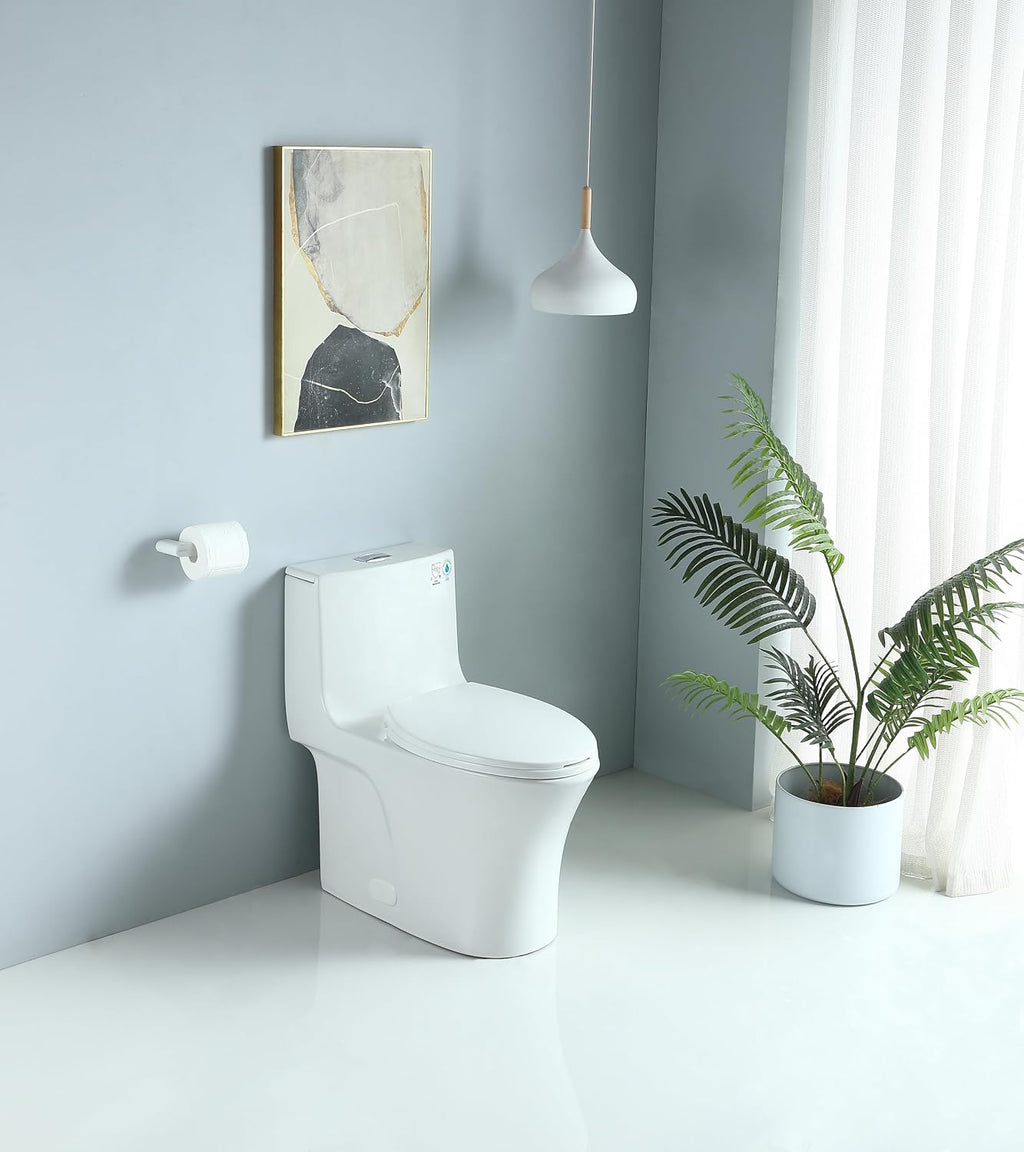 Dual Flush One Toilet, Water Saving Elongated Comfort Height Floor Mounted, Soft Closing Seat, 1000 Gram Map Flushing SToilet, Glossy White GF 24T02 GW