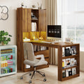 Zevemomo L Shaped Desk with Hutch and 2 Drawers, Computer Desk with USB Ports, Power Outlets & LED Light, Wood Corner Computer Desk with Storage Shelves for Home Office, Brown