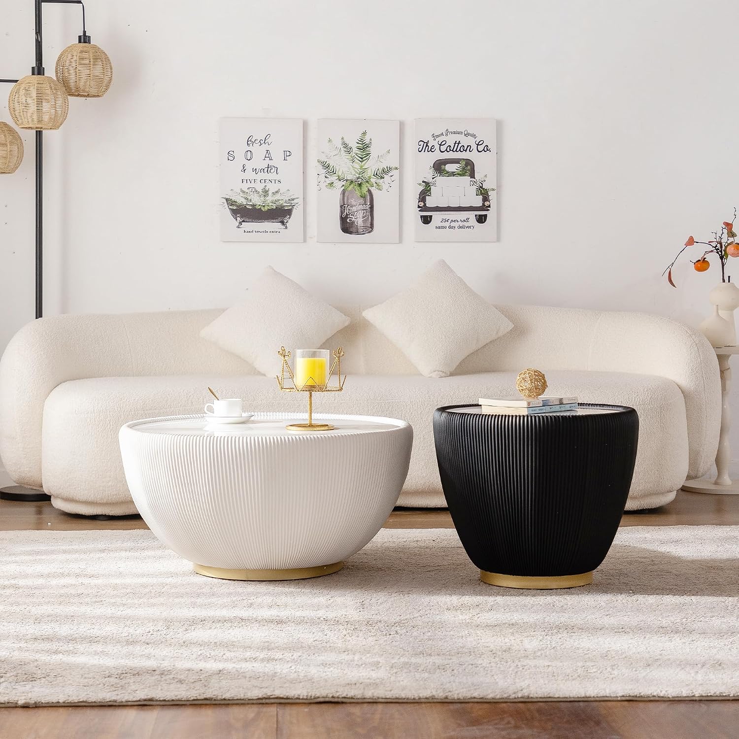 Modern Round Coffee Table Set of 2 Luxury Sintered Stone Top Coffee End Table in White/Black Leatherette Creative Bowl-Shape Small Coffee Side End Tables for Living Room Bedroom