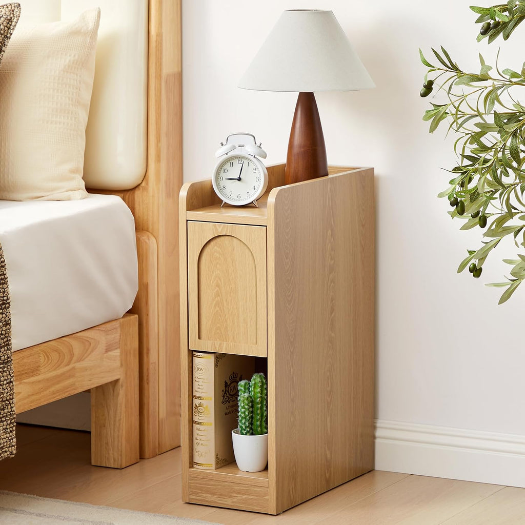 Narrow Nightstands Set of 2, Slim Bedside Tables with Raised Edge Top, Arched Drawer & Open Shelf, Modern Wooden Small End Tables for Bedroom Small Spaces (2, Natural)