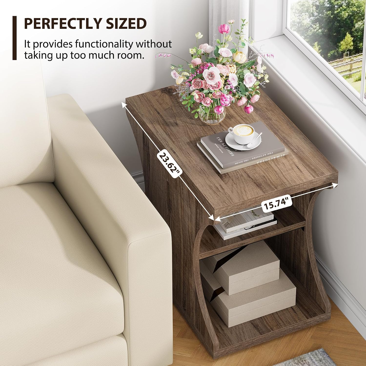 Modern Farmhouse End Table Set of 2, Wood Side Tables with Storage, 3-Tier Narrow Country Nightstand for Living Room, Bedroom, Small Spaces, Light Brown