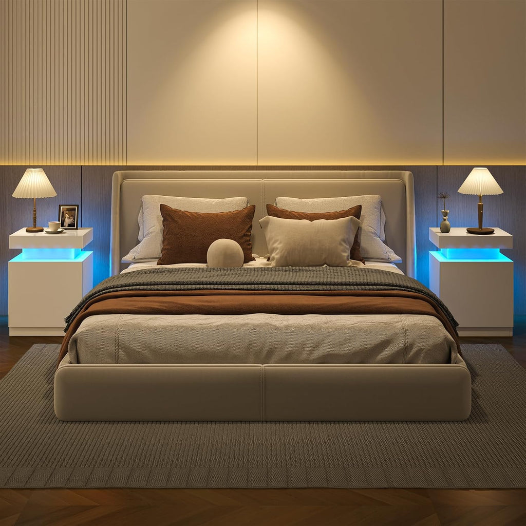 Nightstands Set 2, 17 Inches Modern Bedside Table with LED Lights, LED Night Stand Set of 2, High Gloss Surface, Side Table with Storage for Bedroom, White