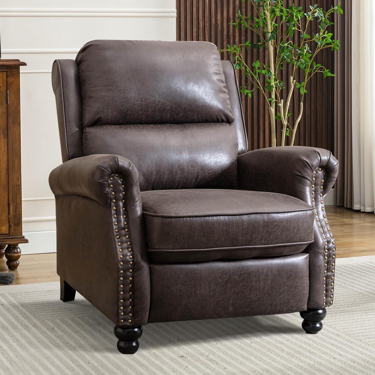 CANMOV Pushback Recliner Chair Faux Leather Armchair Push Back Recliner with Rivet Decoration Single Sofa Accent Chair for Living Room, Dark Grey