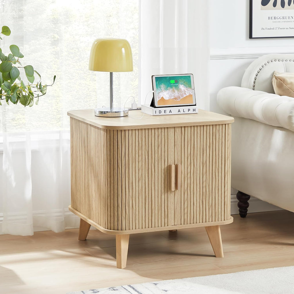 End Table with Charging Station, 24' Fluted Night Stands with Sliding Door, Farmhouse Large Wooden Side Table with Storage for Bedroom Living (Square, Natural)