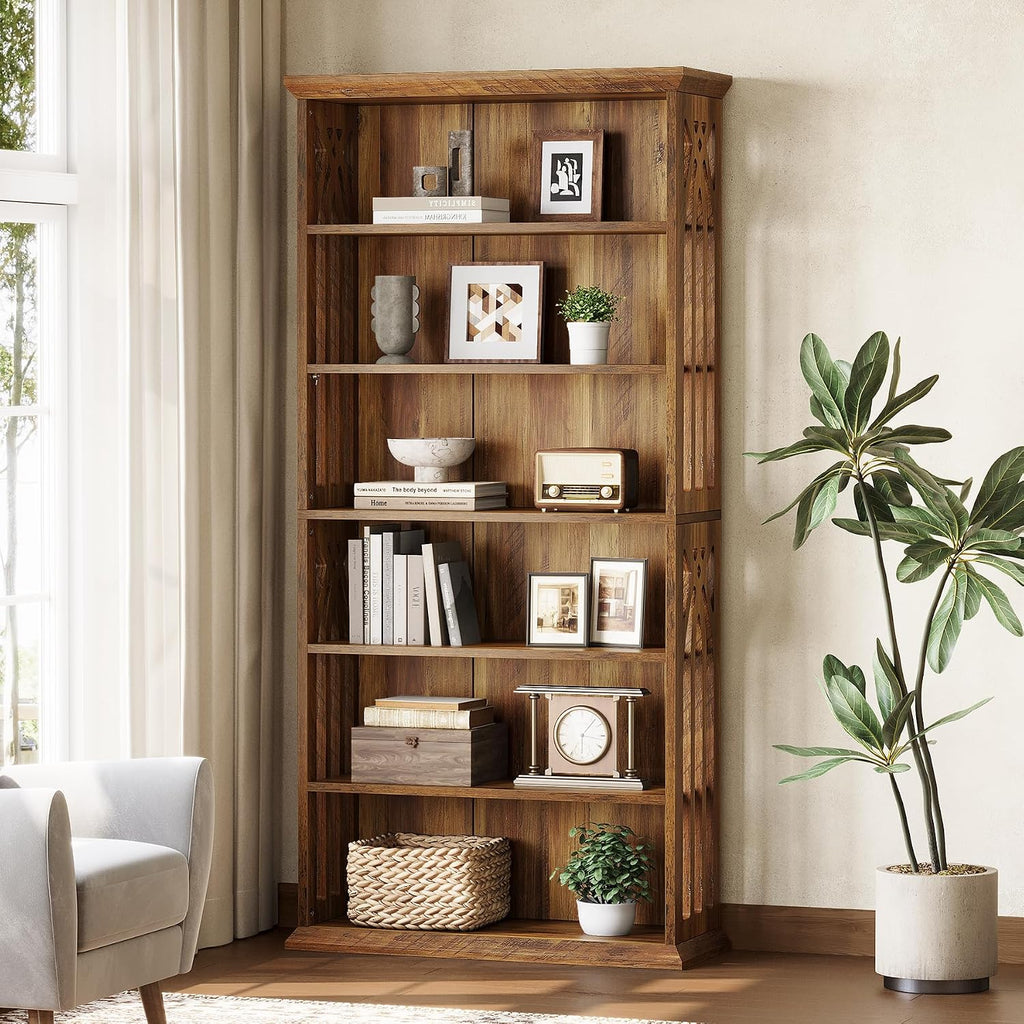 LITTLE TREE 6-Tier Bookcase, 75-Inch Farmhouse Bookshelves and Bookcases, Floor Standing 6 Shelf Wooden Display Storage Shelves Tall Bookcase for Home Office, Living Room, Bed Room, Brown