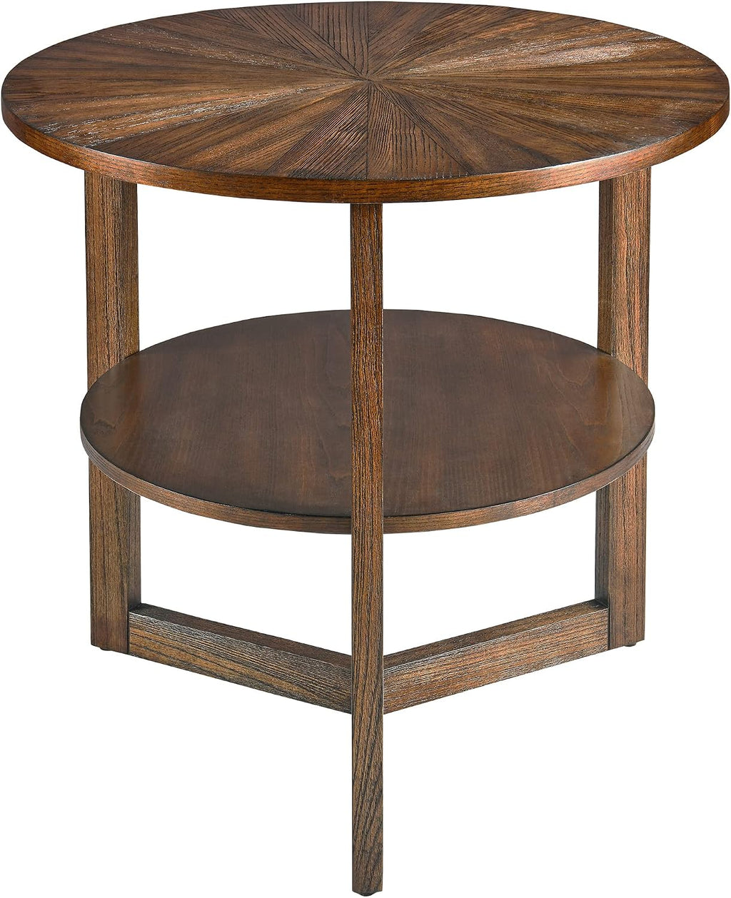 Large Round End Table with Storage Shelf, 25.2' Dia Rustic Beside Tables with Umbrella Top, Traditional Circular Sofa Side Table-,Telephone Table for Living Room Easy Assembly, Vintage Brown CJZ3338NC