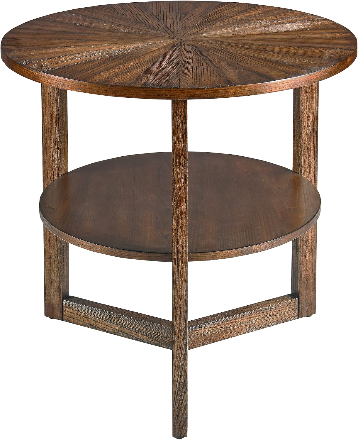 Large Round End Table with Storage Shelf, 25.2' Dia Rustic Beside Tables with Umbrella Top, Traditional Circular Sofa Side Table-,Telephone Table for Living Room Easy Assembly, Vintage Brown CJZ3338NC