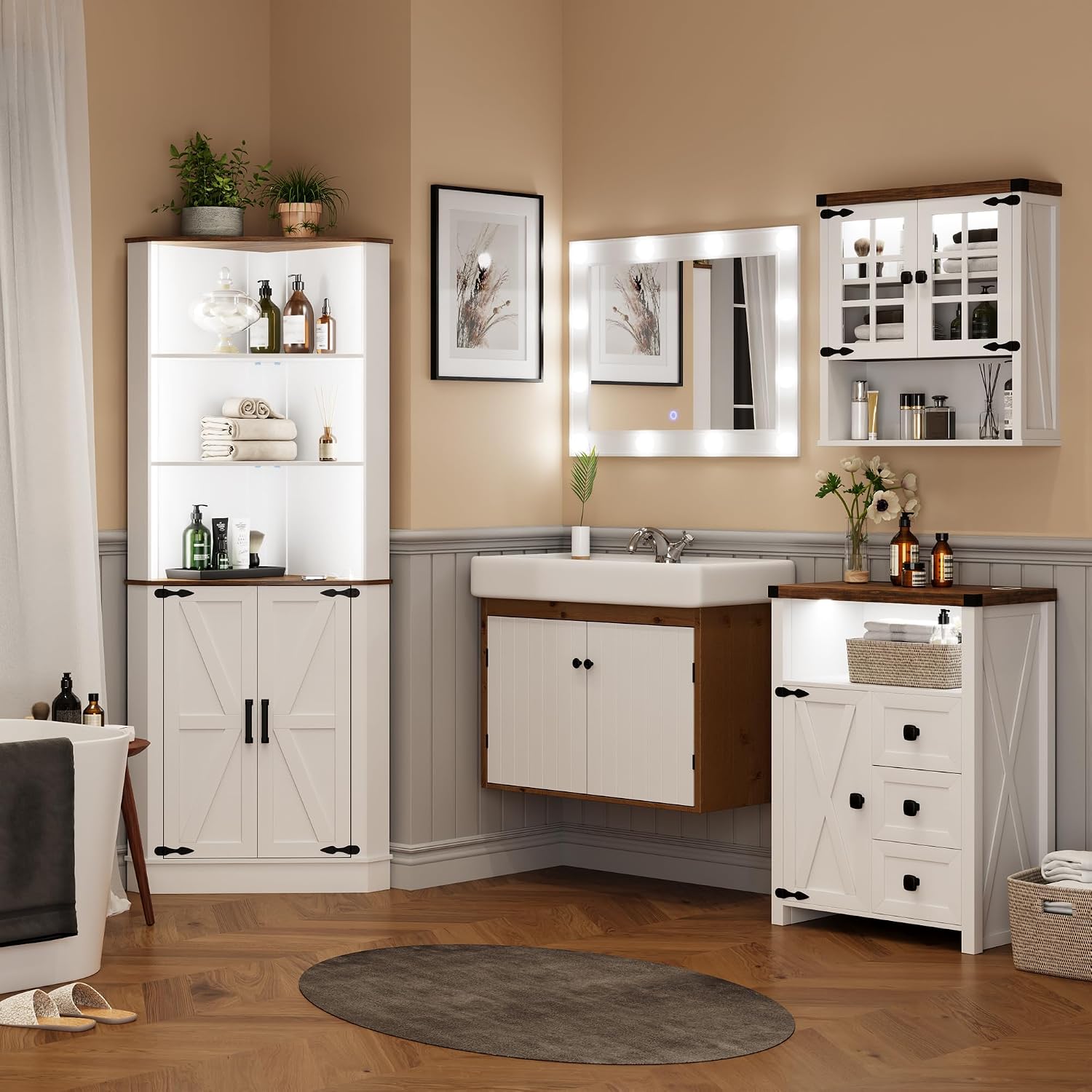 FREDEES Tall Corner Cabinet with LED Light, Farmhouse Bathroom Cabinet with 2 Doors and 3 Tier Shelves, Free Standing Corner Storage Cabinet for Laundry Room, Living Room or Kitchen, Antique White