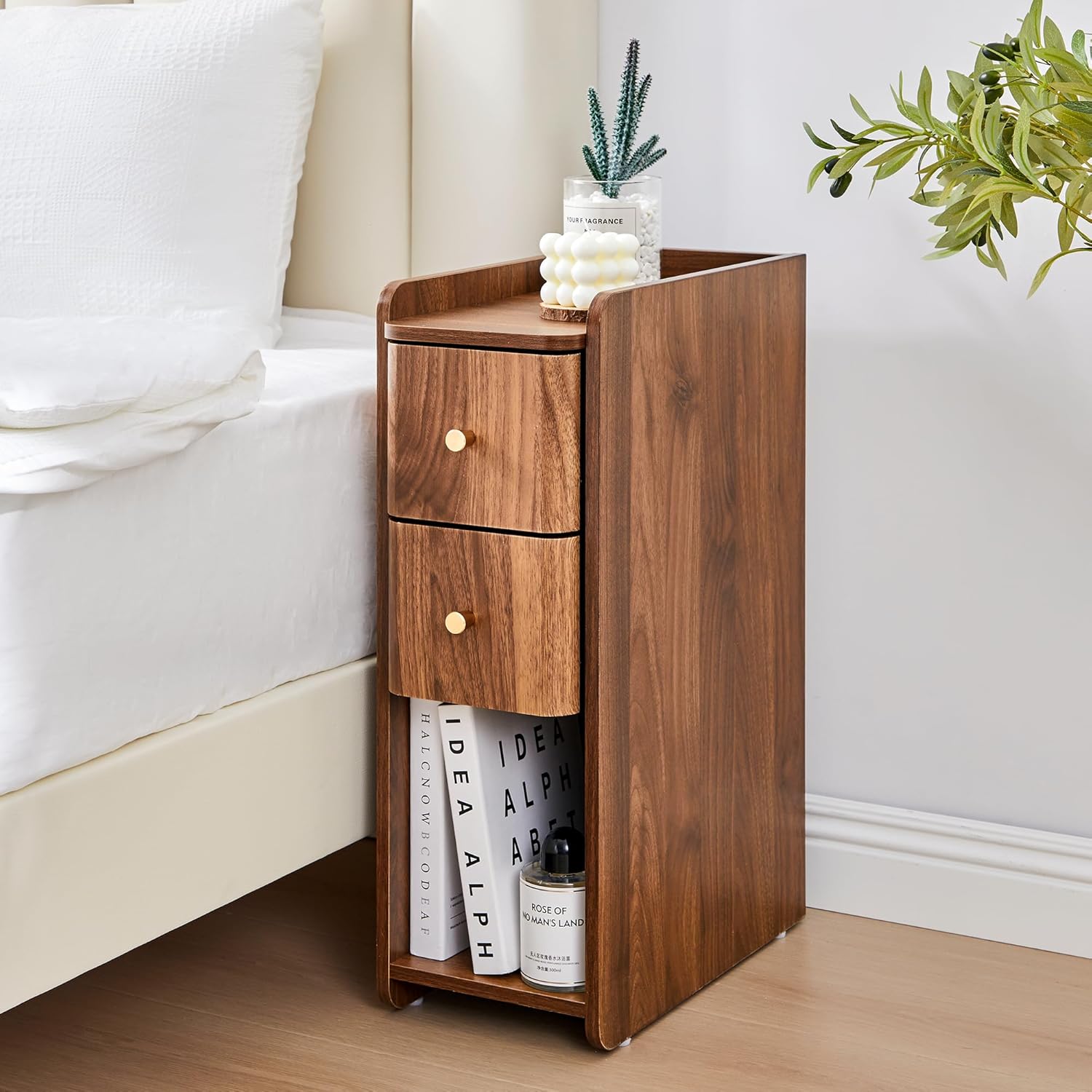 Narrow Nightstand Set of 2, Wooden Small 2 Drawer Nightstand, Slim Side End Table, Skinny Bedside Table, Mid Century Modern Night Stand with Drawers, for Bedroom (Walnut-2pcs)