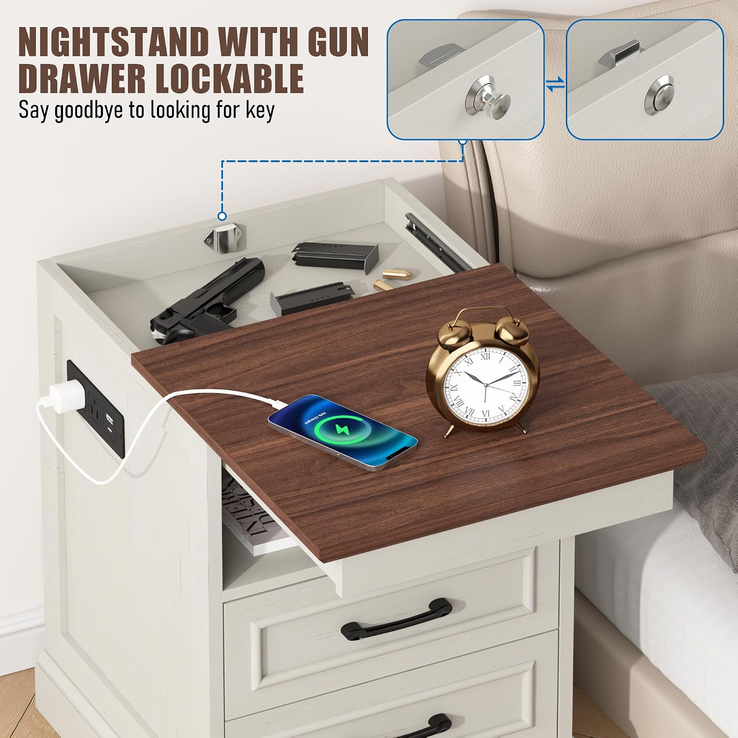 Gadroad 18' Farmhouse Accent Nightstand with Charging Station, End Table with 3 Drawers Storage, Side Table, Bedside Cabinet for LivingRoom Bedroom Office, Brown