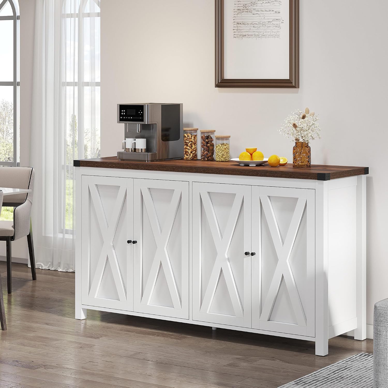 YITAHOME 55'' Sideboard Buffet Cabinet with Storage, Farmhouse Coffee Bar Cabinet Kitchen Storage Cabinets with Adjustable Shelf for Kitchen, Living Room, White