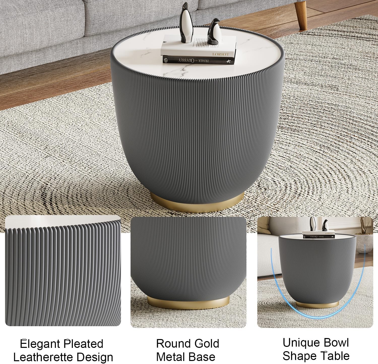 Modern Round Coffee Table Set of 2 Luxury Sintered Stone Top Coffee End Table in Black/Grey Leatherette Creative Bowl-Shape Small Coffee Side End Tables for Living Room,Fully Assembled