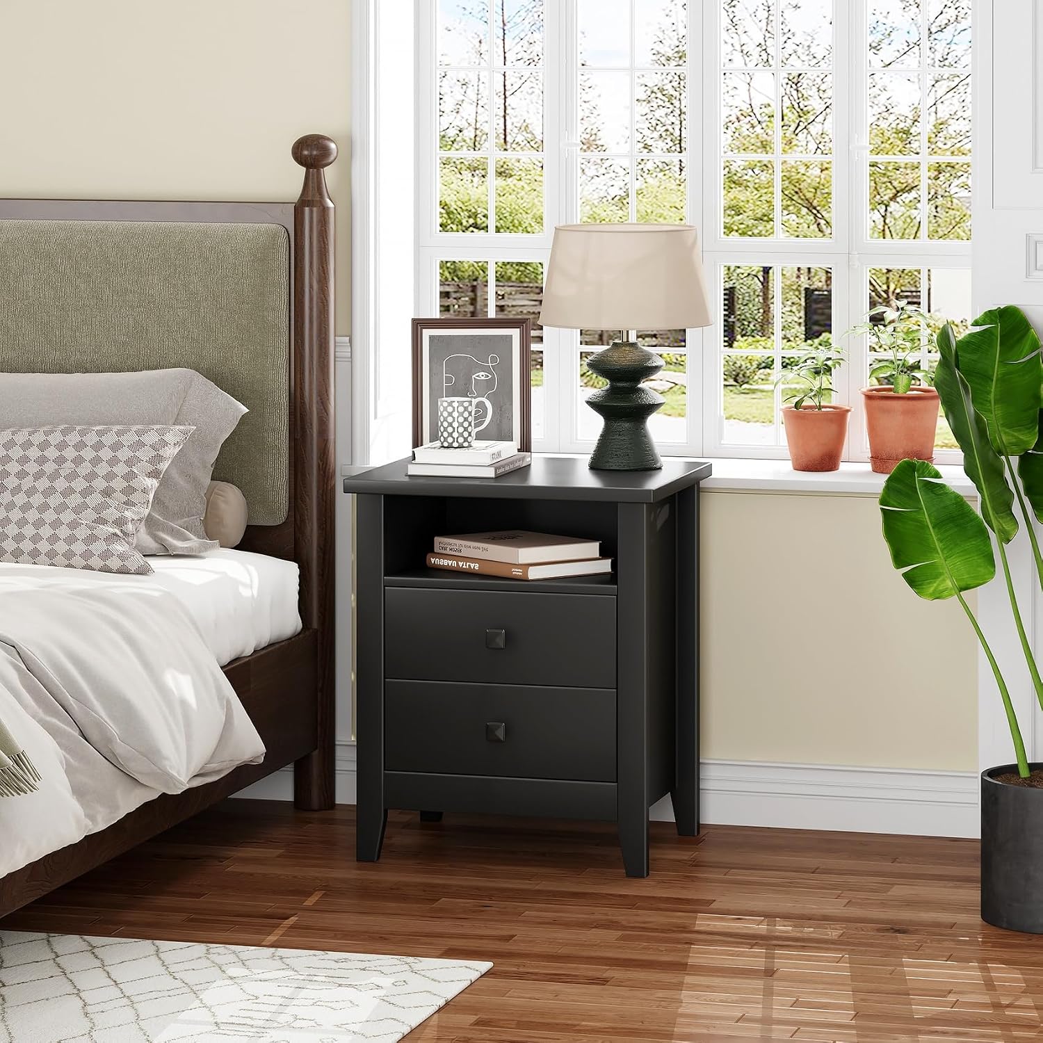 JSB Farmhouse Nightstand Set of 2, Night Stand with 2 Drawers,Open Shelf, End Table/Bed Side/Side Table for Bedroom, Kids Room, Living Room (Black, 18.7' W x 15' D x 23.8' H (2 Drawers))
