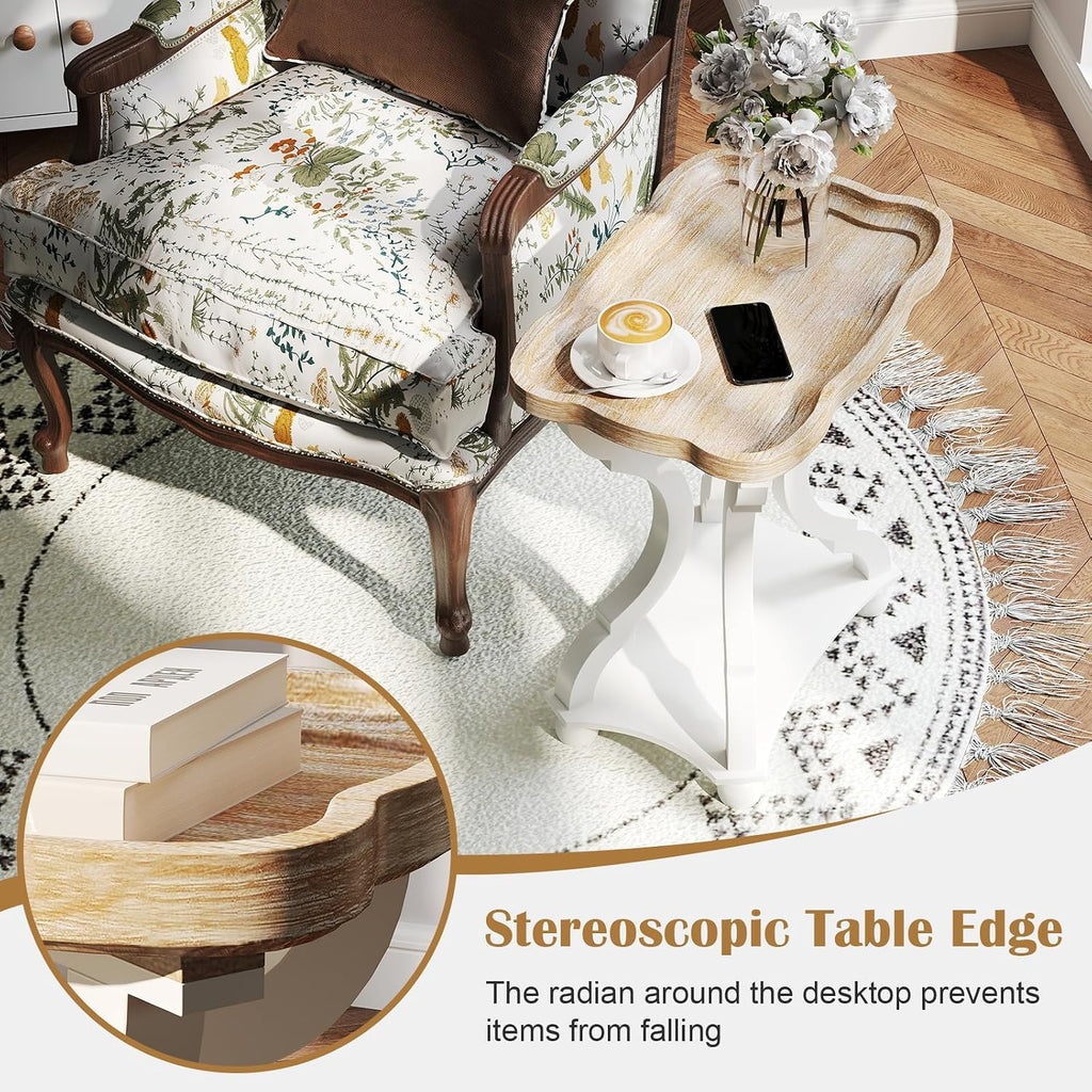 kinbor Farmhouse Side Table - Set of 2 Rustic End Table with an Open Shelf & Raised Edge, Accent Table with Solid Wood Legs - Perfect for Living Room, Bedroom, Entryway, White