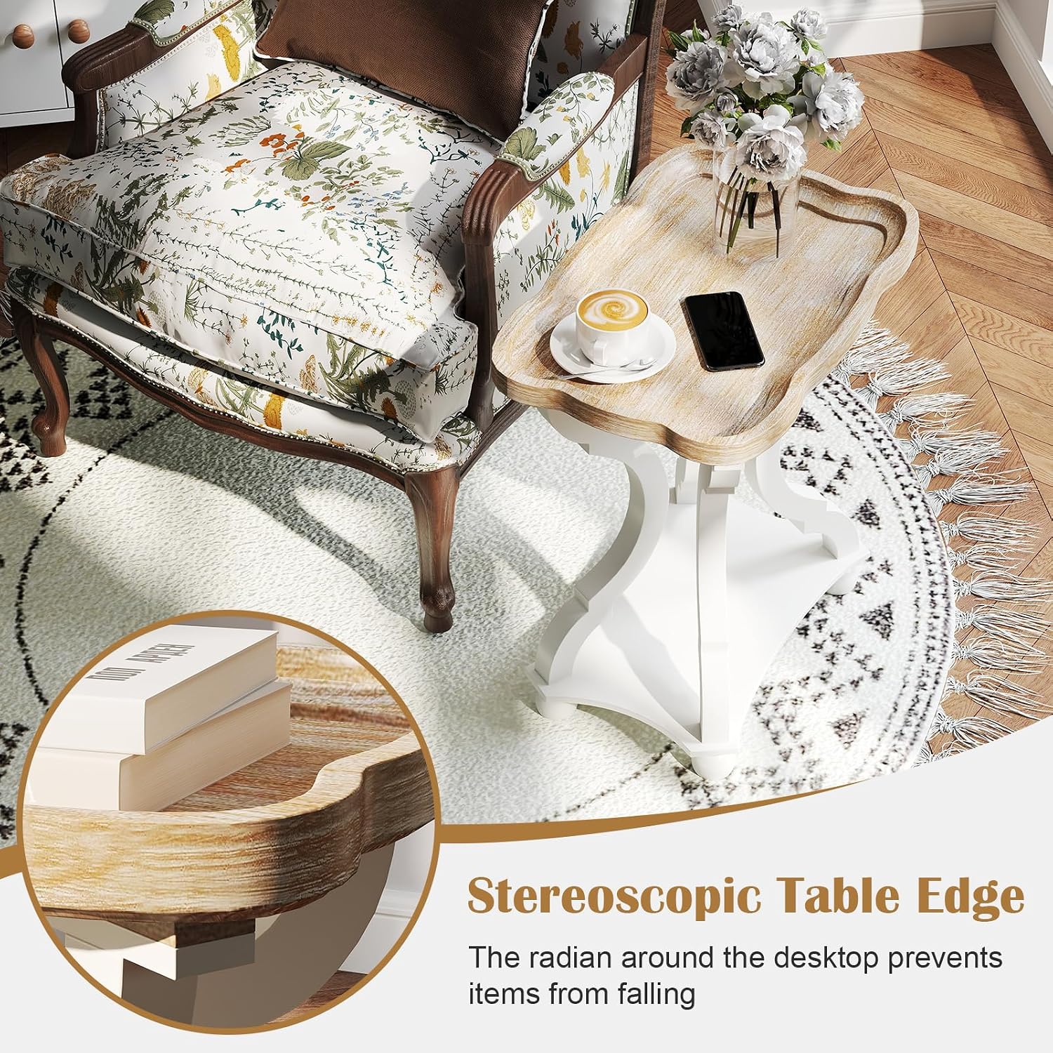 kinbor Farmhouse Side Table - Set of 2 Rustic End Table with an Open Shelf & Raised Edge, Accent Table with Solid Wood Legs - Perfect for Living Room, Bedroom, Entryway, White