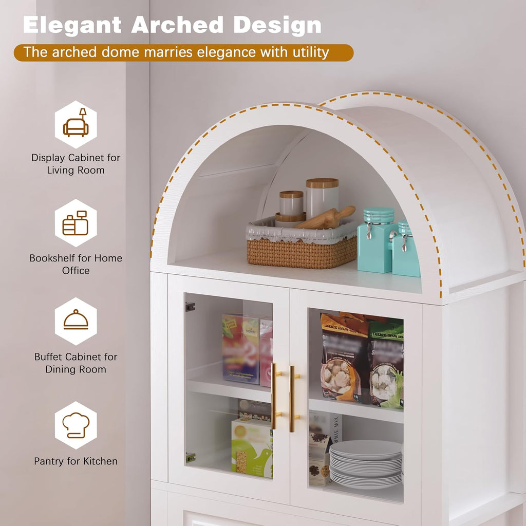 71' Farmhouse Arched Kitchen Pantry Cabinet with Glass Doors & Large Drawer, Wood Versatile Cupboard with Adjustable Shelves for Kitchen Dining Room Living Room Coffee Bar(White)