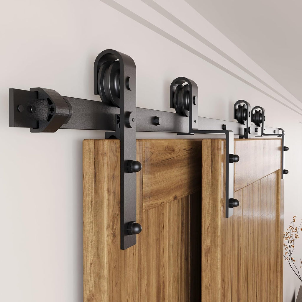Homacer Black Rustic Single Track Bypass Sliding Barn Door Hardware Kit, for Two/Double Doors, 6ft Long Flat Track, Classic Design Roller,