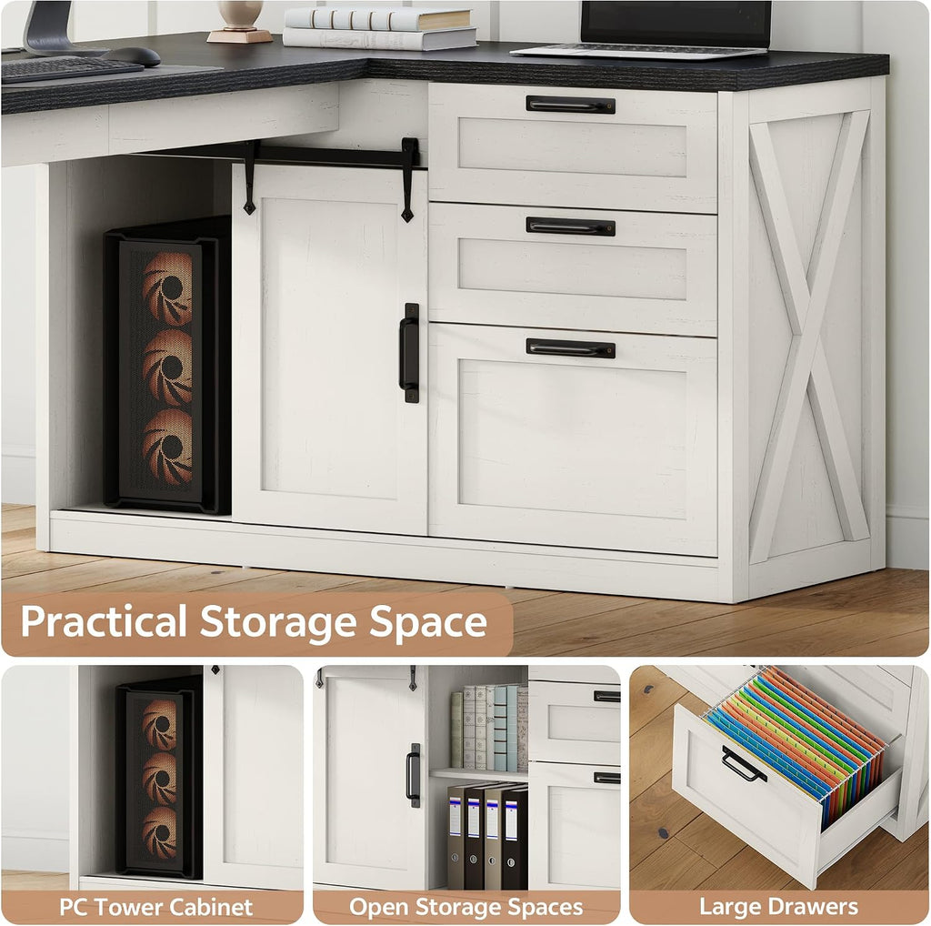 Farmhouse L Shaped Office Desk with Drawers 78 Inch L Shape Desk Executive Office Desk with File Cabinet Storage Shelves and Power Outlets for Home Office, White and Black