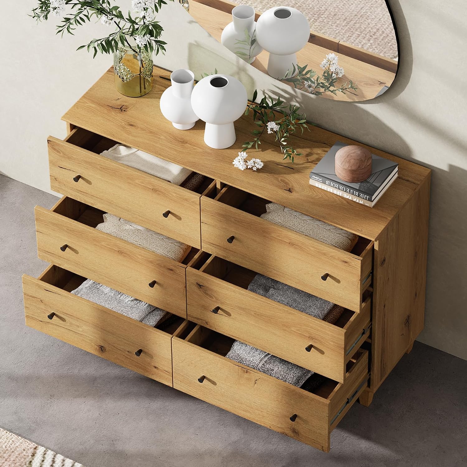 WAMPAT TV Stand with 6 Drawers for 55 Inches TVs & Set of 2 End Tables with 2 Drawers and Charging Station for Bedroom, 3 Pieces Modern Wood Living Room Funiture Table Sets, Oak Brown