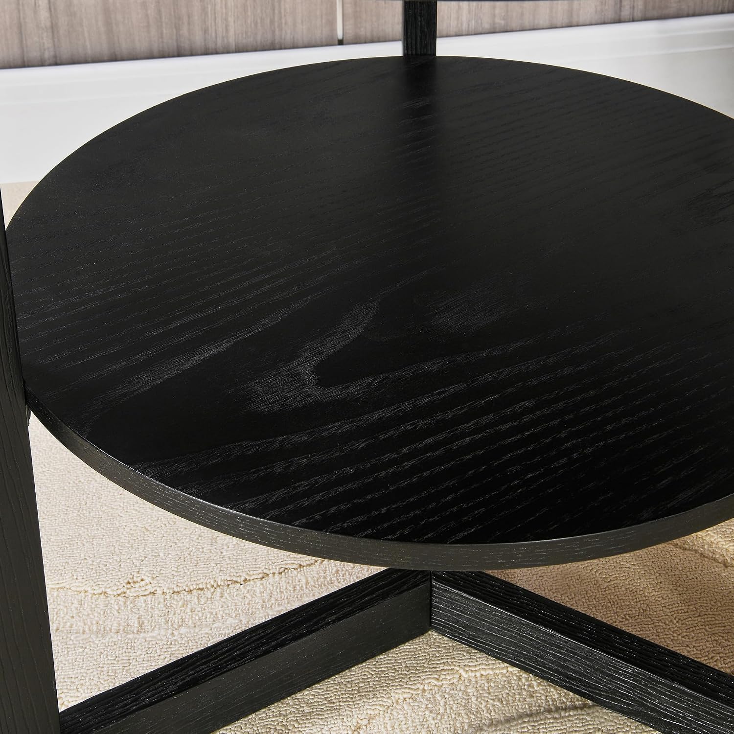 Large Round End Table with Storage Shelf, Rustic Beside Tables with Umbrella Top,Traditional Circular Sofa Side Table, 25.2'D Telephone Table for Living Room Easy Assembly Brushed Black CJZ3338BK