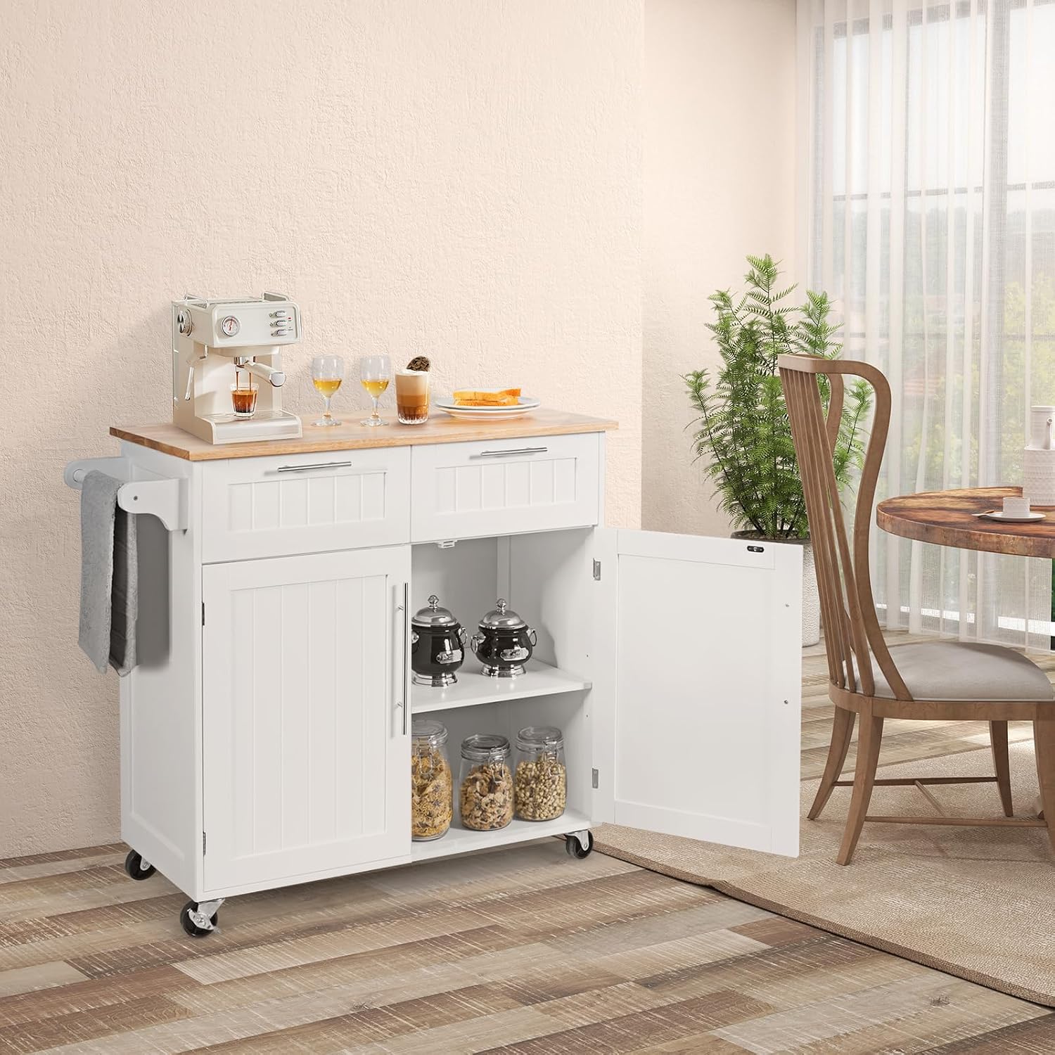 Kitchen Island with Storage, Mobile Kitchen Trolley Cart with Wheels, Rubber Wood Top, Adjustable Shelves, Towel Rack & Drawers, Rolling Kitchen Island Cart, 37' L x 18' W x 37' H (White)